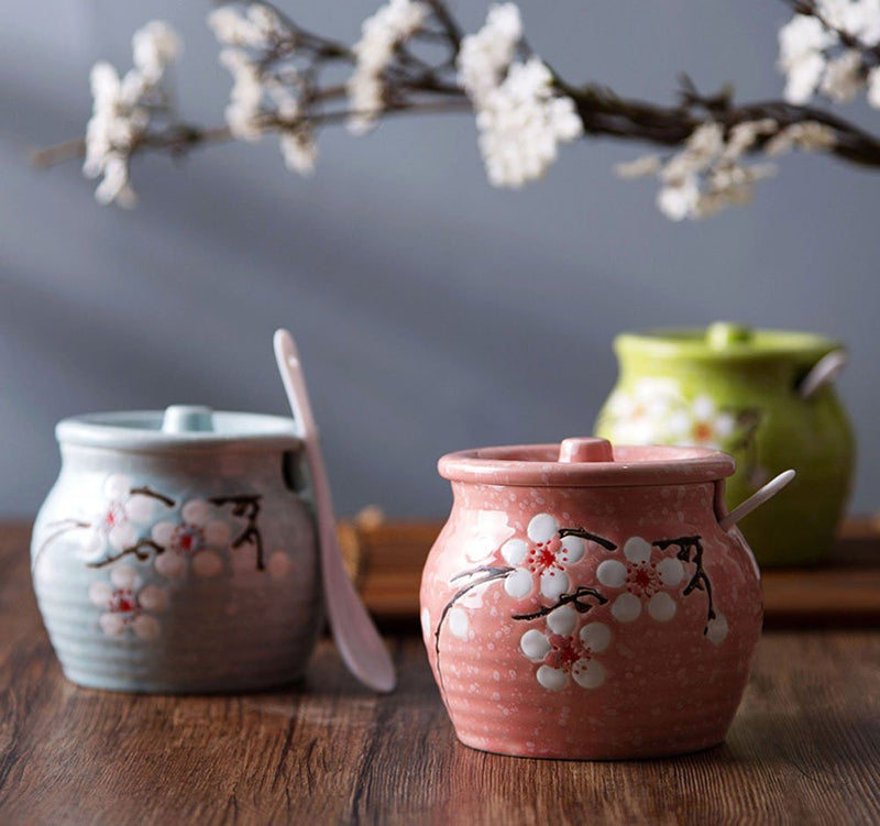 [Australia - AusPower] - Ceramics Japanese Flower Sugar Bowl Seasoning Pot Salt Pepper Storage Jar with Lid And Spoon Blue 
