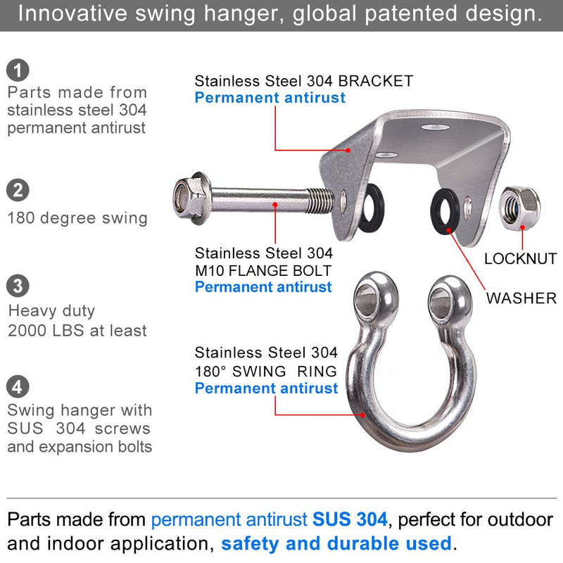 [Australia - AusPower] - BeneLabel Permanent Antirust Stainless Steel Heavy Duty Swing Hanger, 1000 LB Capacity, 2 Screws for Wooden and 2 Expansion Bolts for Concrete, Yoga Hammock Chair Sandbag Swing Sets, 180° Swing 