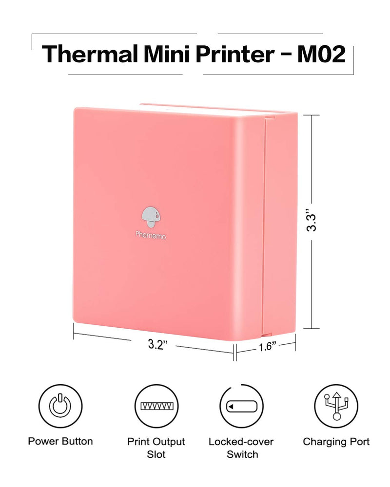 [Australia - AusPower] - Phomemo M02 Mini Bluetooth Printer, Compatible with iOS & Android Smart Phone Thermal Printer, 53mm Wireless Pocket Printer for Working List, Home,Study - Pink 