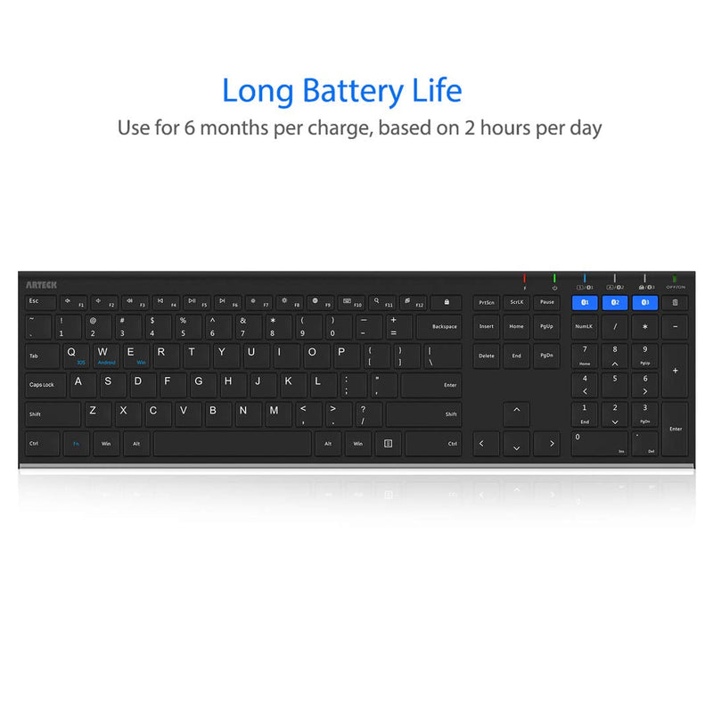 [Australia - AusPower] - Arteck HB192 Universal Bluetooth Keyboard Multi-Device Stainless Steel Full Size Wireless Keyboard for Windows iOS Android Computer Desktop Laptop Surface Tablet Smartphone Rechargeable Battery 