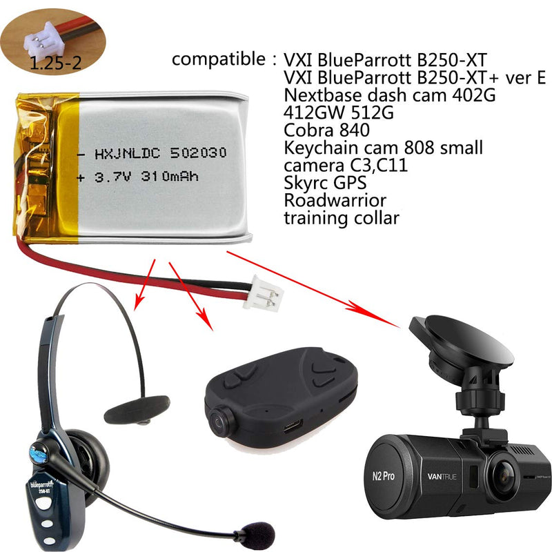 [Australia - AusPower] - 3.7V 310mah 502030 Battery for VXI BlueParrott B250-XT Bluetooth Headset Battery Replacement dashcam Nextbase Dash cam 402G 412GW 512G Cobra 840 Keychain cam 808 Small Camera C3,C11 16 1 