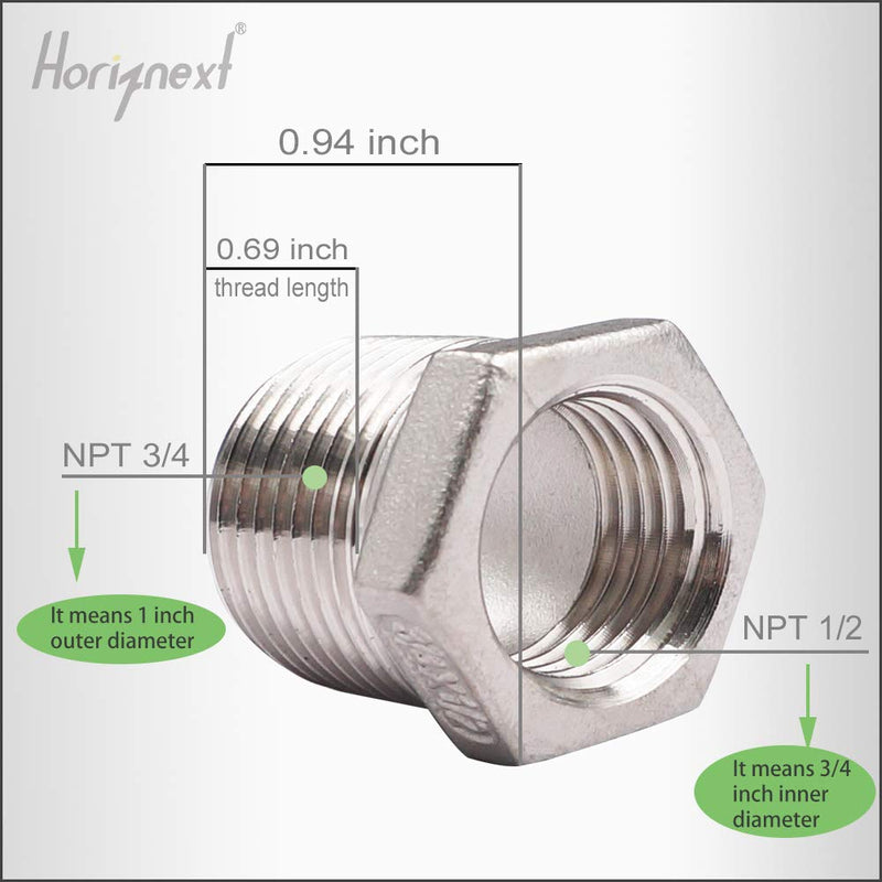 [Australia - AusPower] - Horiznext stainless steel hex bushing, npt 3/4 to npt 1/2 threaded reducing bushing, air hose reducer coupling (NPT）3/4x1/2 