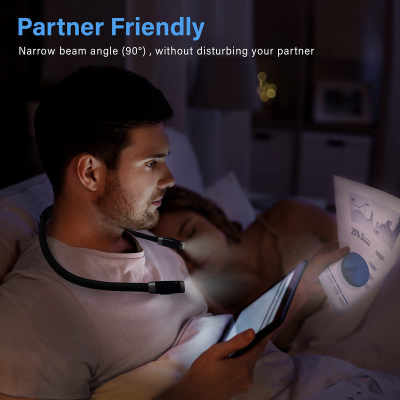 [Australia - AusPower] - Vekkia Rechargeable LED Neck Reading Light, Book Lights for Reading in Bed, 3 Brightness Levels, Flexible Soft Silicone Arms Comfortable Wear, Long Lasting. Perfect for Readers, Craft & Knitting,Black Modern Black 