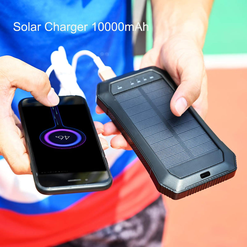 [Australia - AusPower] - Solar Charger, ABFOCE Solar Power Bank 10000mAh with 20 LED Lights and Qi Solar Wireless Charger for Camping Outdoor for iOS Android-Black 