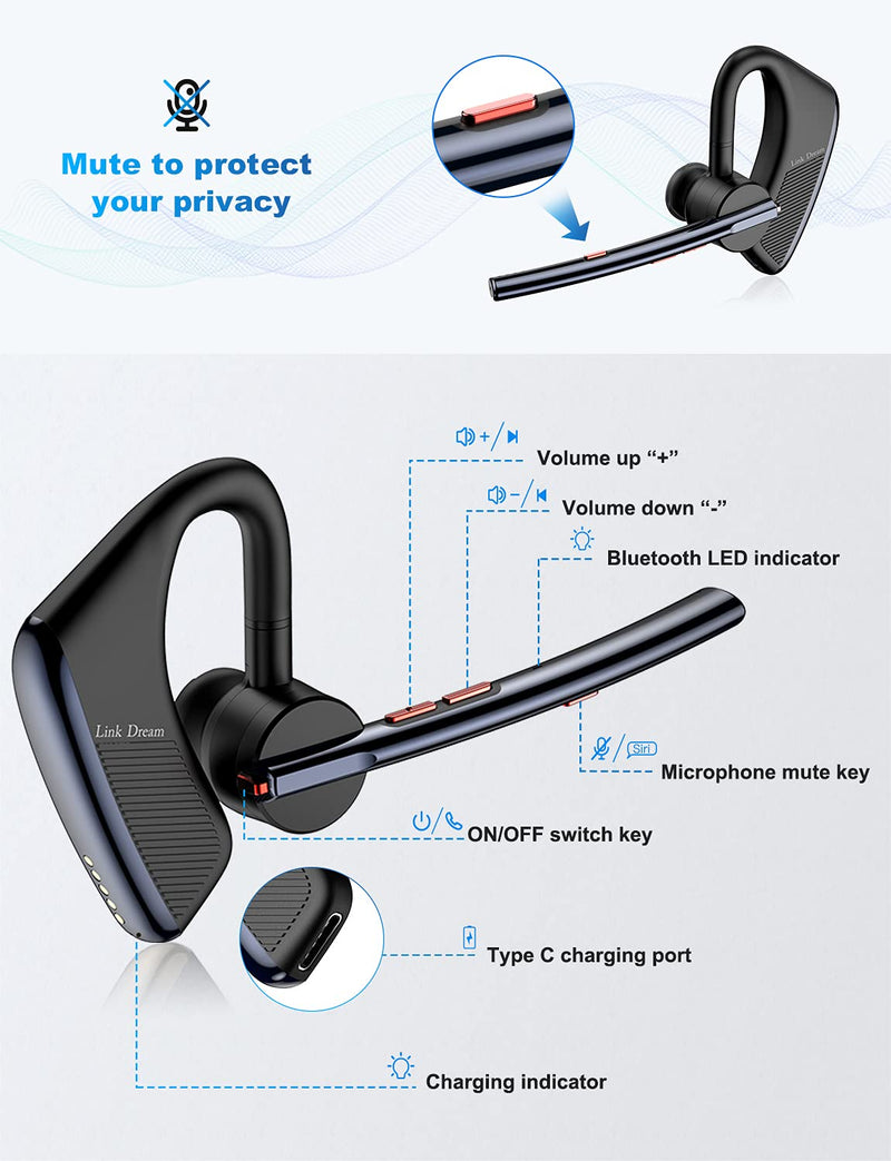 [Australia - AusPower] - Link Dream Bluetooth Earpiece for Cell Phone Hands Free Noise Cancelling Bluetooth Earpiece Headset Wireless 24 Hrs Talking 1440 Hrs Standby time for iPhone Android Trucker Driver 