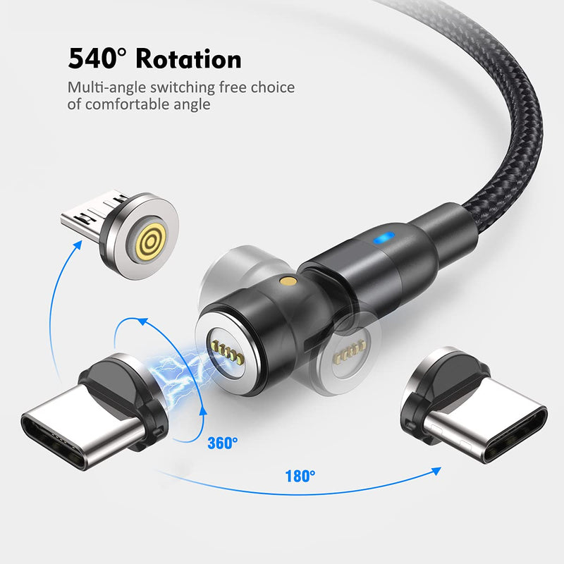 [Australia - AusPower] - 360° & 180° Rotation Magnetic Charging Cable(1.6ft+3.3ft+6.6ft), 3A Fast Charging and Data Transfer Magnetic Cable, 3 in 1 Magnetic Phone Charger Cable Compatible with Type C, Micro USB Black 