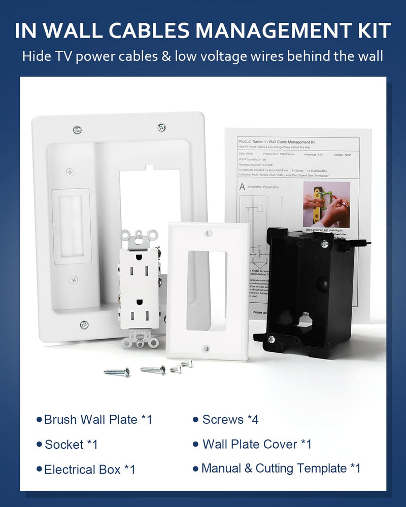 [Australia - AusPower] - in Wall Cable Management Kit for TV, ZEXMTE Recessed Outlet Wall Plate Cable Pass Through for TV Power Cables & Low Voltage Cables, Home Office Theater Systems,White 