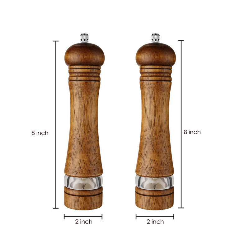 [Australia - AusPower] - 2-Piece Salt and Pepper Grinder Set, 8 Inch Wooden Salt and Pepper Mills with Adjustable Coarseness, Refillable Manual Pepper Mill Grinder for Home Cooks (Brown) 