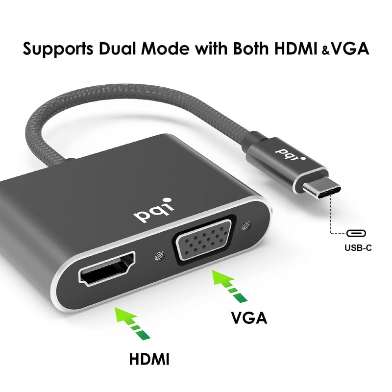 [Australia - AusPower] - USB C to HDMI VGA Adapter, PQI USB Type C to Dual VGA HDMI Splitter Converter, 4K Adapter Compatible with MacBook Pro, iPad Pro, Laptop, Dell XPS 13/15, Surface Go, Chromebook 