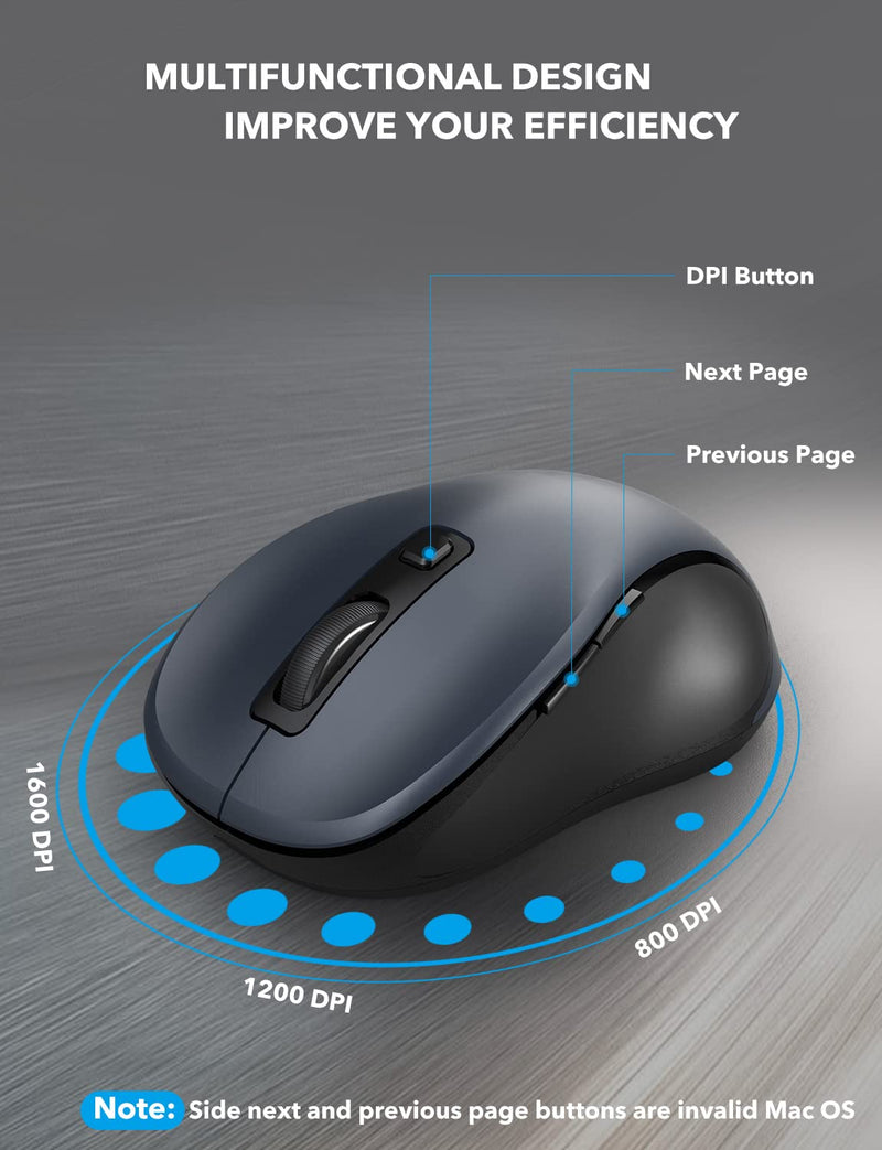 [Australia - AusPower] - Wireless Mouse for Laptop, Trueque 2.4GHz Ergonomic Computer Mouse with 3 Adjustable DPI Levels, Page Up & Down Buttons, USB Mouse for Chromebook, PC, Desktop, Notebook, MacBook (Grey) Grey 