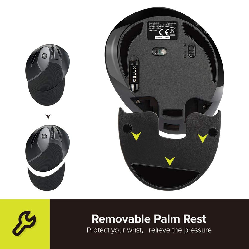 [Australia - AusPower] - DELUX Upgrade Rechargeable Ergonomic Vertical Mouse, 2.4G Optical Wireless Ergo Silent Mouse with USB Receiver, 6 Buttons, 3 Gear DPI and Removable Palm Rest Reduce Muscle Strain (M618G GX-Black) M618G GX 2.4G Wireless 1600DPI 