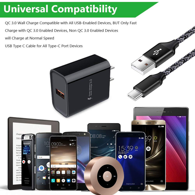 [Australia - AusPower] - Quick Charge 3.0 Fast Charging USB Wall Charger Plug with 6ft Type C Cable for Samsung Galaxy S22 Plus S21 Ultra/S21+ S20 FE Note 20 Ultra A13 A21 A51 A11 A12 A20 A10E A50 A71 A32 A42 A52 S10 S9 S8 Black 