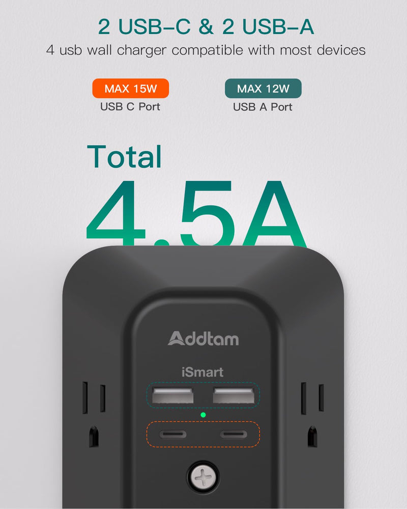 [Australia - AusPower] - Surge Protector Outlet Extender - Addtam 5-Outlet Splitter with 4 USB Wall Charger(2 USB-C Ports), Multi Plug Outlet Power Strip for Home, Dorm Room Essentials, Black 2C2A 