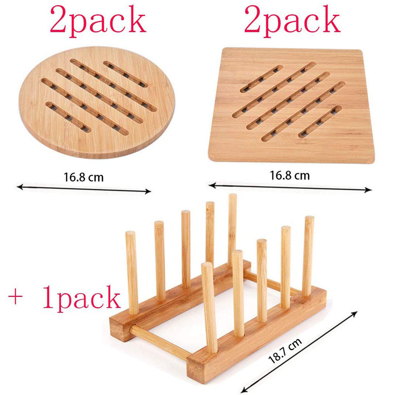 [Australia - AusPower] - Bamboo Trivet Kitchen Bamboo Hot Pads Trivet Natural Bamboo Trivet Mat Set for Hot Dishes/Pot/Bowl/Teapot/Hot Pot Holders 2 square 2 roundness 1 storage rack 