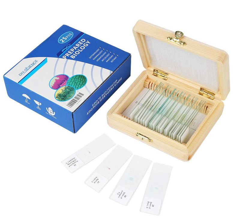 [Australia - AusPower] - 25 Prepared Microscope Slides for Kids, Animal Plant Insect Bacteria Specimens Collections for Basic Biological Science Education, Containing Custom Wooden Boxes 