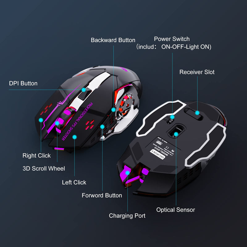 [Australia - AusPower] - QELIROKY QV13 New 2.4G Wireless Rechargeable Gaming Mouse Silent Click with 6 Buttons, 3 Adjustable Levels DPI , Colorful LED Lights for Laptop, iPad, MacOS, PC, Windows, Android (Black) 