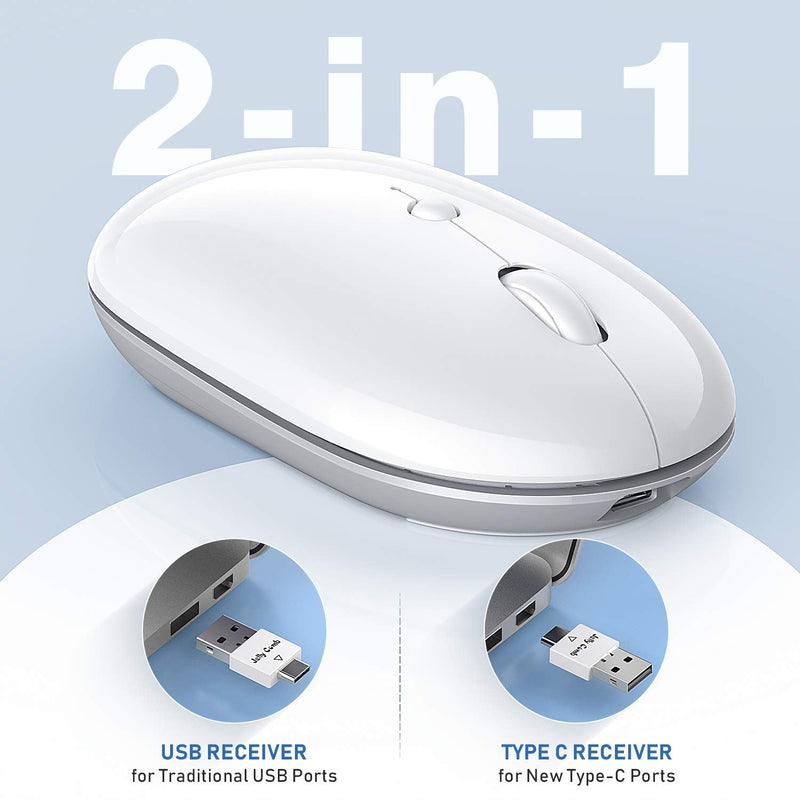 [Australia - AusPower] - Dual Bluetooth Mouse 2.4G USB & USB C Wireless Mouse | 3-Mode Silent Rechargeable Mice with 2-in-1 Receiver | for iPad/Laptop/MacBook/PC - White&Silver 