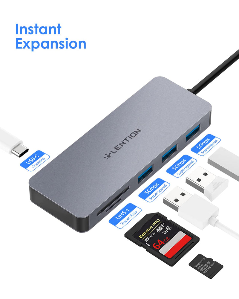 [Australia - AusPower] - LENTION USB C Hub with 3 USB 3.0, SD/Micro SD Card Reader & Charging Compatible 2022-2016 MacBook Pro, New Mac Air/iPad/Surface/More, Stable Driver Certified Adapter (CB-C16s, Space Gray) 