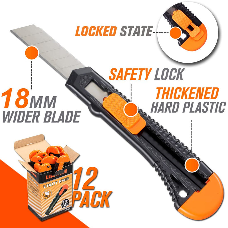 [Australia - AusPower] - REXBETI 12-Pack Utility Knife, Retractable Box Cutter for Cartons, Cardboard and Boxes, 18mm Wider Razor Sharp Blade, Smooth Mechanism, Perfect for Office and Home use 12 Pack 