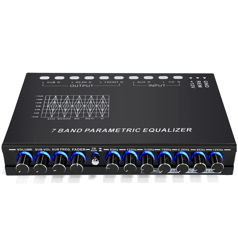 [Australia - AusPower] - Facmogu 7-Band Car Audio Equalizer, Adjustable 7 Bands EQ Car Amplifier Graphic Equalizer with CD/AUX Input Select Switch, Front/Rear + Sub Output, for Boat RV RTV Motorcycle Car Stereo Tone Control 