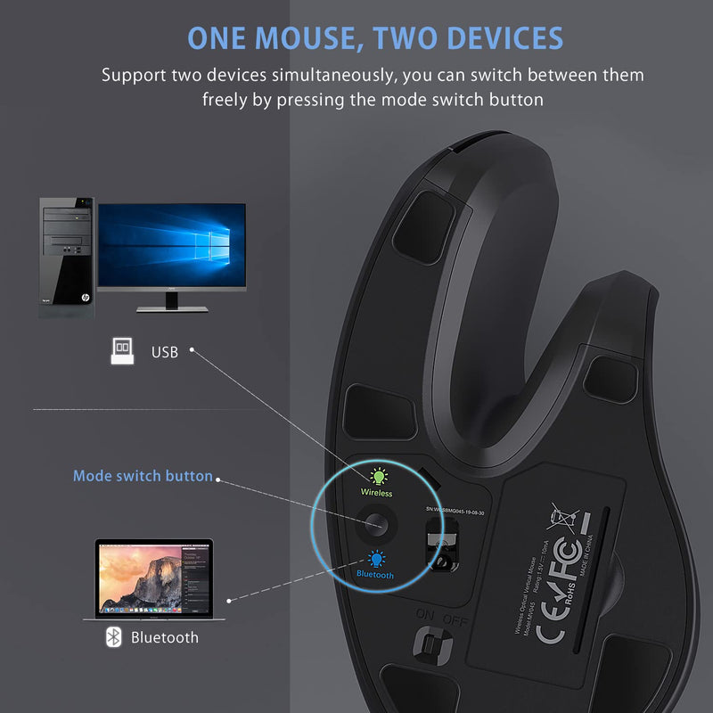 [Australia - AusPower] - Ergonomic Wireless Mouse, Bluetooth Vertical Mouse 2.4G Optical Vertical Mice Bluetooth 4.0 Wireless Mice with Adjustable DPI 1000/1600/2400 for Laptop, Desktop, PC, MacBook - Black 
