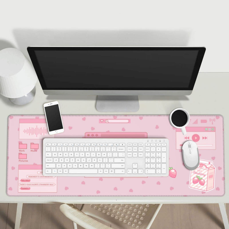 [Australia - AusPower] - Pink Game Strawberry Milk Gaming Mouse Pad XL, Large Extended Mousepad Desk Pad, Long Nonslip Rubber Mice Mats Stitched Edges Playmat for Office Home Gamer, 31.5x11.8 Inch Pink Game Strawberry Milk 