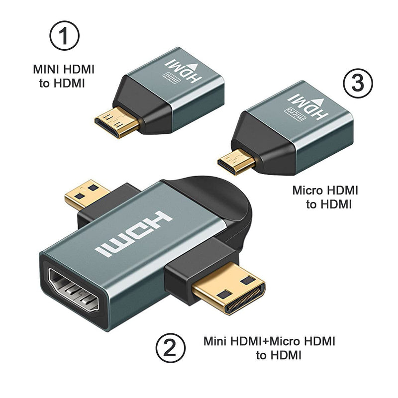 [Australia - AusPower] - Cablecc 3pcs/Set Micro & Mini HDMI to HDMI-Compatible 1.4 Female 2-in-1 Combo Adapter 4K@60hz Combo HDMI Adapter x3 