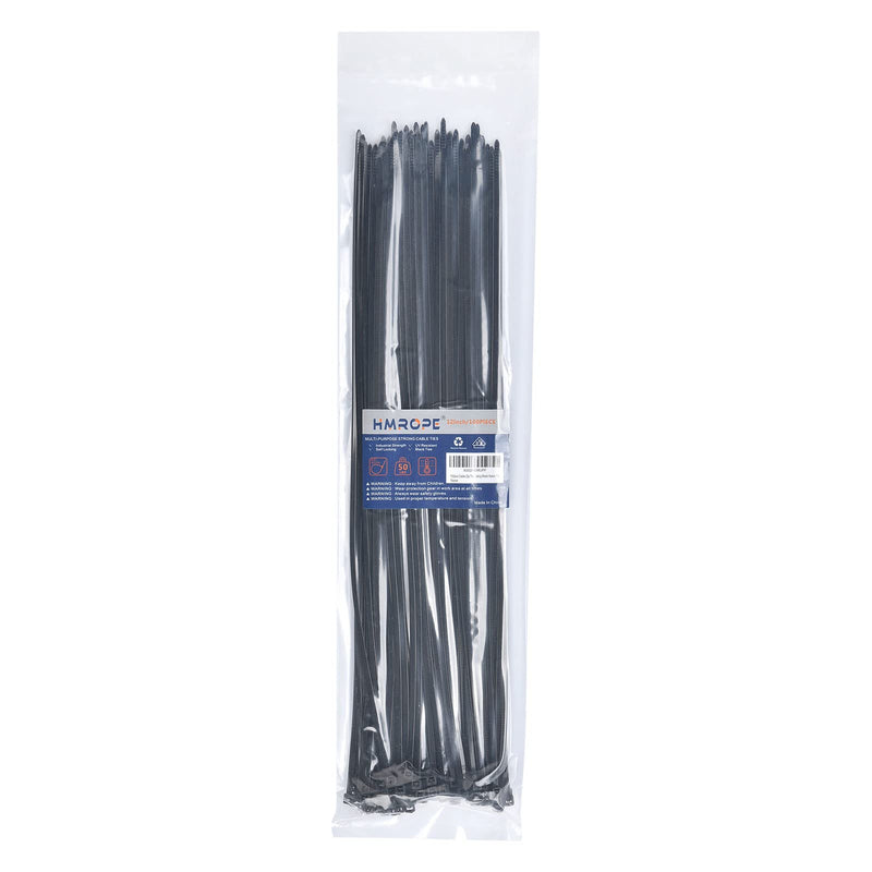 [Australia - AusPower] - HMROPE 100pcs Cable Zip Ties Heavy Duty 12 Inch, Premium Plastic Wire Ties with 50 Pounds Tensile Strength, Self-Locking Black Nylon Zip Ties for Indoor and Outdoor 