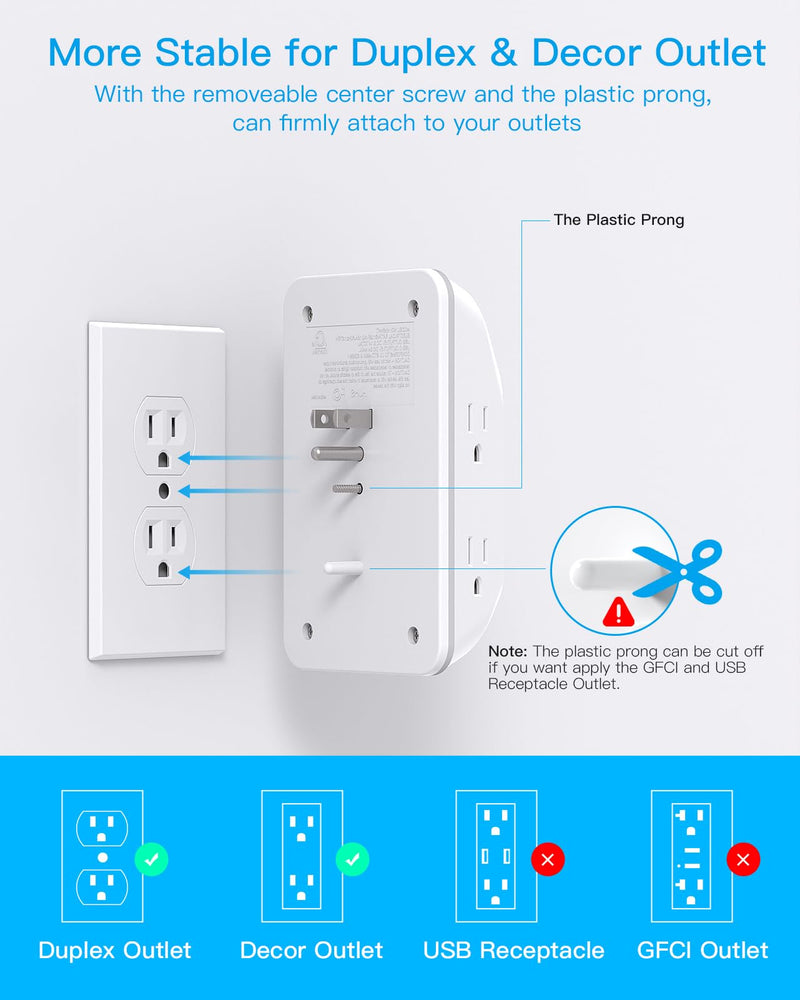 [Australia - AusPower] - Multi Plug Outlet, Outlet Extender with 4 USB Ports (2 USB C) and Night Light, 1050J Surge Protector, Wall Mount, Outlet Splitter for Bathroom Kicthen Camper Dorm Room Essentials 5 AC +2 USB A +2 USB C & Light 