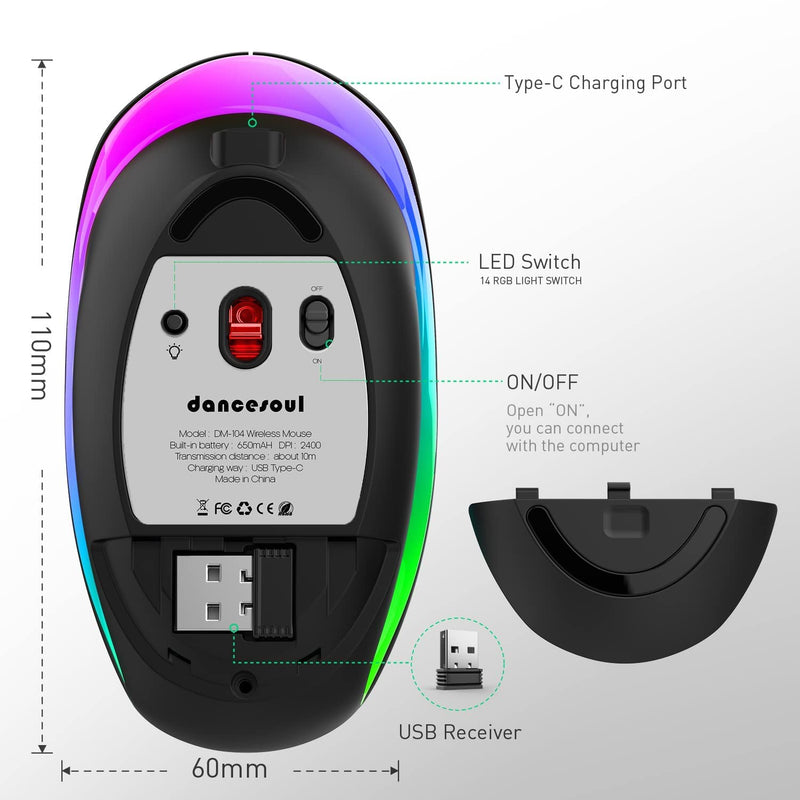 [Australia - AusPower] - Dancesoul LED Rechargeable Wireless Mouse, 2.4G Noiseless Mouse with USB Receiver and RGB Light,Portable Computer Mice for PC, Tablet, Laptop-Black Mouse 