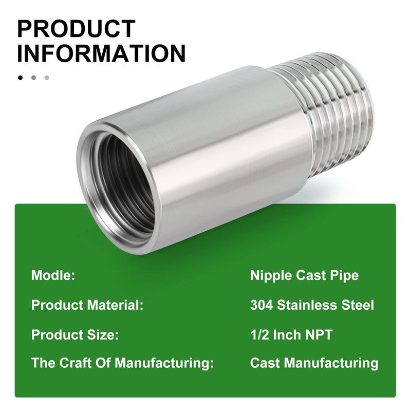 [Australia - AusPower] - TAISHER 2PCS Stainless Steel Pipe Fittings, 1/2" NPT Male x 1/2" NPT Female Threaded, 2" Length Nipple Cast Pipe 1/2" NPT(Male x Female) 2"(50mm) Length 
