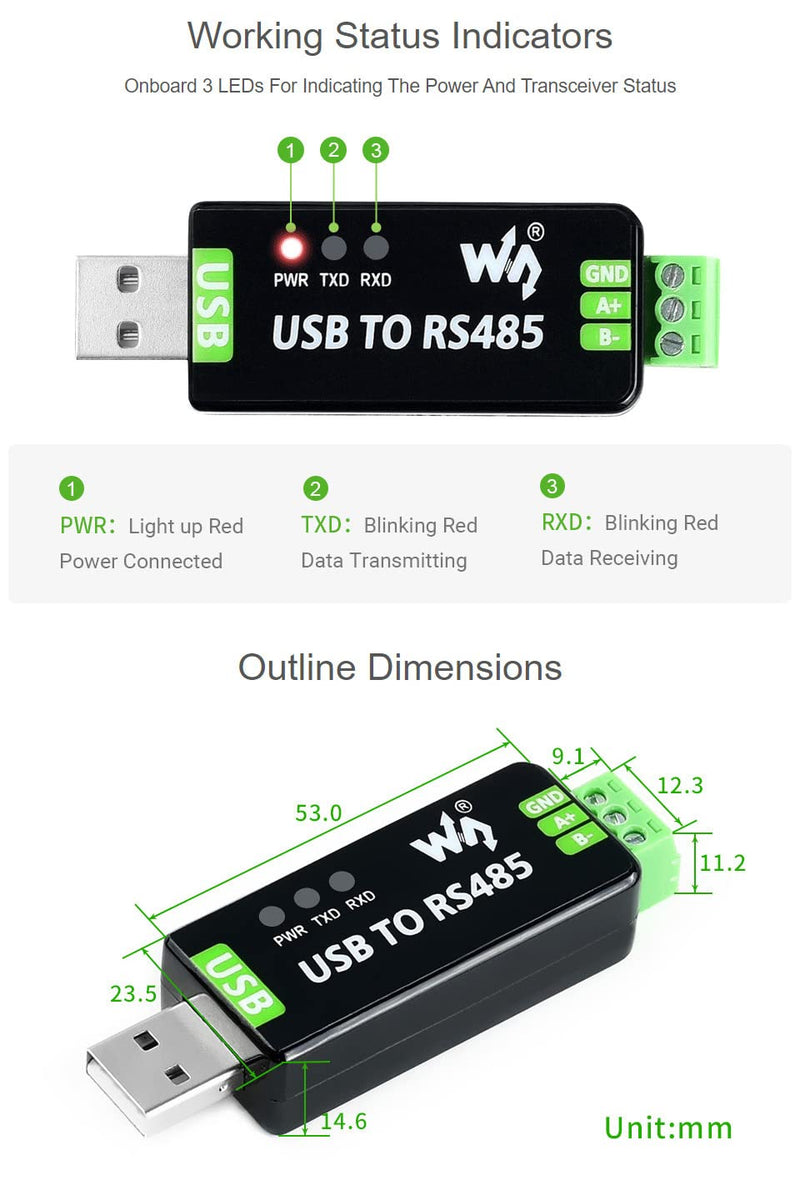 [Australia - AusPower] - Waveshare Industrial USB to RS485 Converter with Original FT232RL and SP485EEN Embedded Protection Circuits for Industrial Control Equipments and/or Applications with High Communication Requirement 