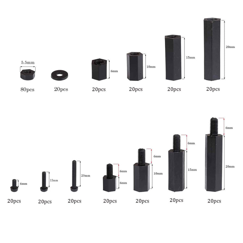 [Australia - AusPower] - LitOrange 320PCS M3 Male Female Nylon Hex Spacer Standoff Screw Nut Threaded Pillar PCB Motherboard Assorted Assortment Kit (Black) 