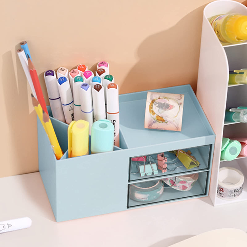 [Australia - AusPower] - Comix Desk Organizer with Pen Holder, Storage for desk, Desktop Storage, Plastic Storage with drawers, Makeup Organizer, Desktop Organizer for Office School Home ( Blue) 