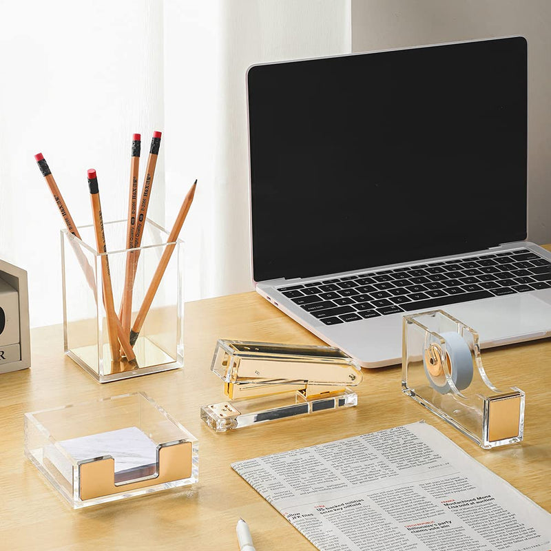 [Australia - AusPower] - Acrylic Gold Tape Dispenser Gold Desktop Stapler, Acrylic Office Supplies Includes Tape, 1000pcs Staples Desk Accessory Kit, Chic Office Stapler Tape Dispenser for Modern Design Office Desktop 