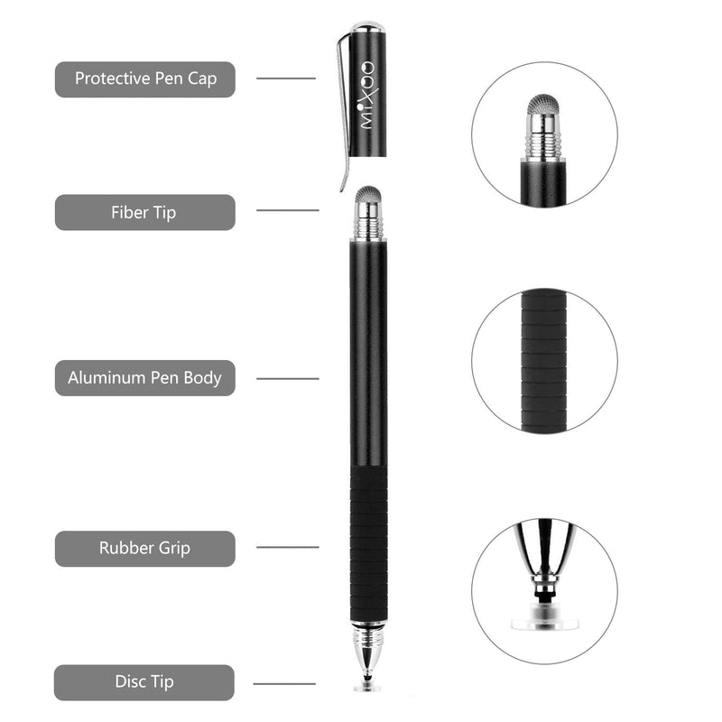 [Australia - AusPower] - Mixoo Stylus Pens for Touch Screens - Disc & Fiber Tip 2 in 1 High Sensitivity Universal Stylus for iPad, iPhone, Tablets and Other Capacitive Touch Screens (Black/White) Black/White 