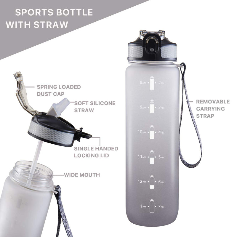[Australia - AusPower] - EYQ 32 oz Water Bottle with Time Marker, Carry Strap, Leak-Proof Tritan BPA-Free, Ensure You Drink Enough Water for Fitness, Gym, Camping, Outdoor Sports 