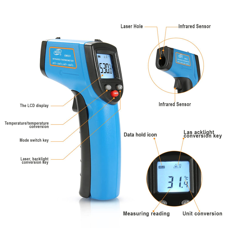 [Australia - AusPower] - BENETECH Infrared Thermometer Gun, -58°F~752°F (-50°C~400°C) Non-Contact Digital Laser IR Temperature Gun,for Cooking,Pizza Oven,BBQ, Candy & Engine-Laser Surface Temp Reader , Not for Humans GM321 