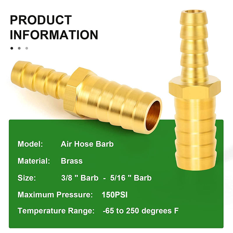 [Australia - AusPower] - TAISHER 2PCS Brass Hose Barb Fittings 3/8 Inch to 5/16 Inch Barb Hose, Reducing Barb Brabed Fitting Splicer Mender Union Air Water Fuel with 4PCS Hose Clamp 3/8" Barb - 5/16" Barb 2 