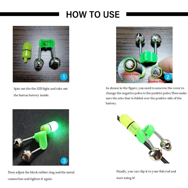 [Australia - AusPower] - GRANDBUY Fishing Bells Clips with LED Light Night Sea Fishing Rod LED Light Clip with Twin Bells Ring Fishing Bite Alarm Indicator On Fishing Rod 20 Pcs Fishing Bells & 20 Pcs Replacement Bulb 