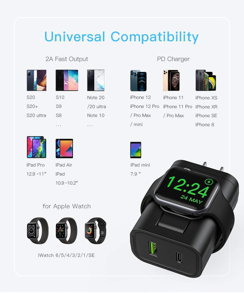 [Australia - AusPower] - BeaSaf iPhone Fast Charger, 24W USB C Charger for iPhone 13/12/Mini/12 Pro Max, USB C Wall Charger with Foldable Apple Watch Wireless Charger, PD Charger for iPhone, AirPods Black 