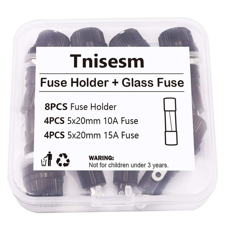 [Australia - AusPower] - Tnisesm 8 Pcs Panel Mounted 5x20mm Screw Cap Fuse Holder Socket AC 250V 10A/AC 125V 15A Black with 8 Pcs Glass Tube Fuse(10A+15A) 