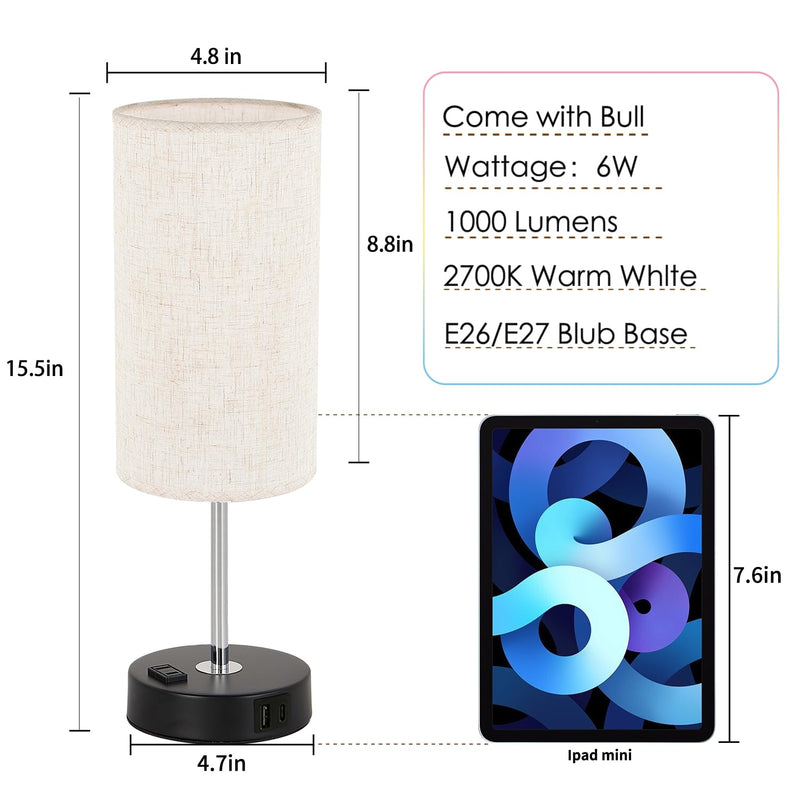 [Australia - AusPower] - Gugsey Bedside Table Lamp with USB Port - Touch Desk Lamp for Bedroom, 3 Way Dimmable Small Nightstand Lamp for Living Room, Dorm, Home Office (Bulb Included) (Linen) Black 