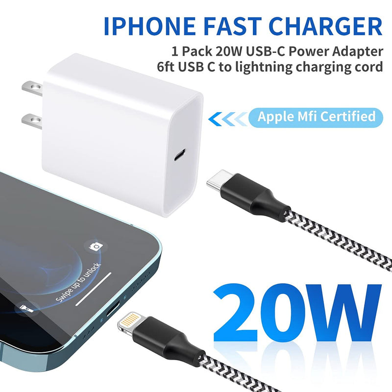 [Australia - AusPower] - iPhone Charger Fast Charging with 6 Ft iPhone Charger Cord,20W USB C Wall Charger Fast iPhone Charger Block Adapter Compatible with iPhone 13/12/11/11 Pro Max/XS/XR/X/8/7/6 Plus/iPad (2-Pack) Black,white 