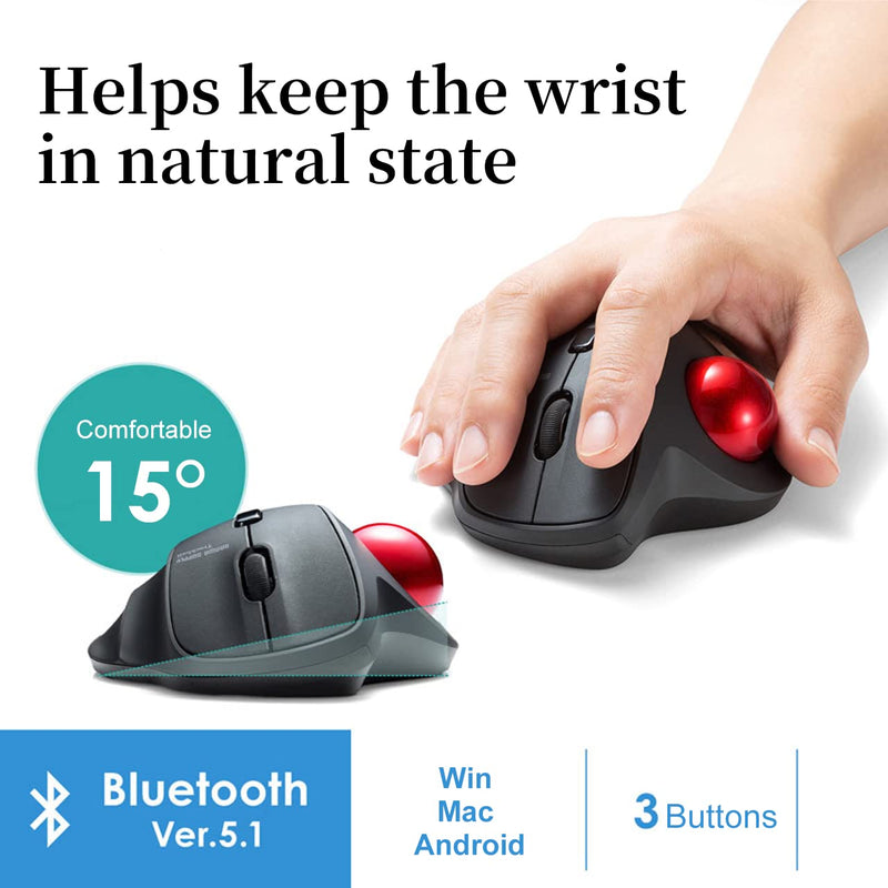 [Australia - AusPower] - SANWA Bluetooth Ergonomic Trackball Mouse, Optical Vertical Rollerball Mice, Silent Buttons, 600/800/1200/1600 Adjustable DPI, Compatible with MacBook, Windows, macOS, iPad, Android, iOS, Chrome OS 