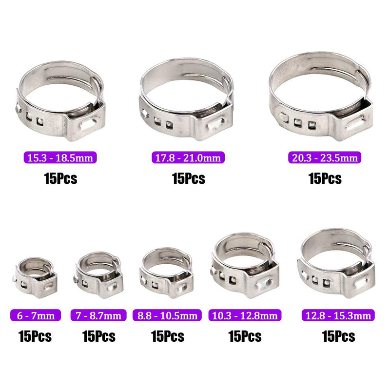 [Australia - AusPower] - Swpeet 120Pcs 8 Sizes 304 Stainless Steel Single Ear Hose Clamps, Crimp Hose Clamp Assortment Kit Ear Cinch Rings Crimp Pinch Fitting Tools Perfect for Automotive, Home Appliance Line 