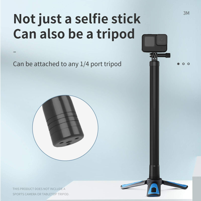 [Australia - AusPower] - TELESIN 118"/3 Meters Ultra Long Selfie Stick for GoPro Max Hero 10 9 8 7 6 5 4 3+, Insta 360 One R One X, DJI Osmo Action, Extendable at 6 Lengths Carbon Fiber Lightweight Pole Monopod 