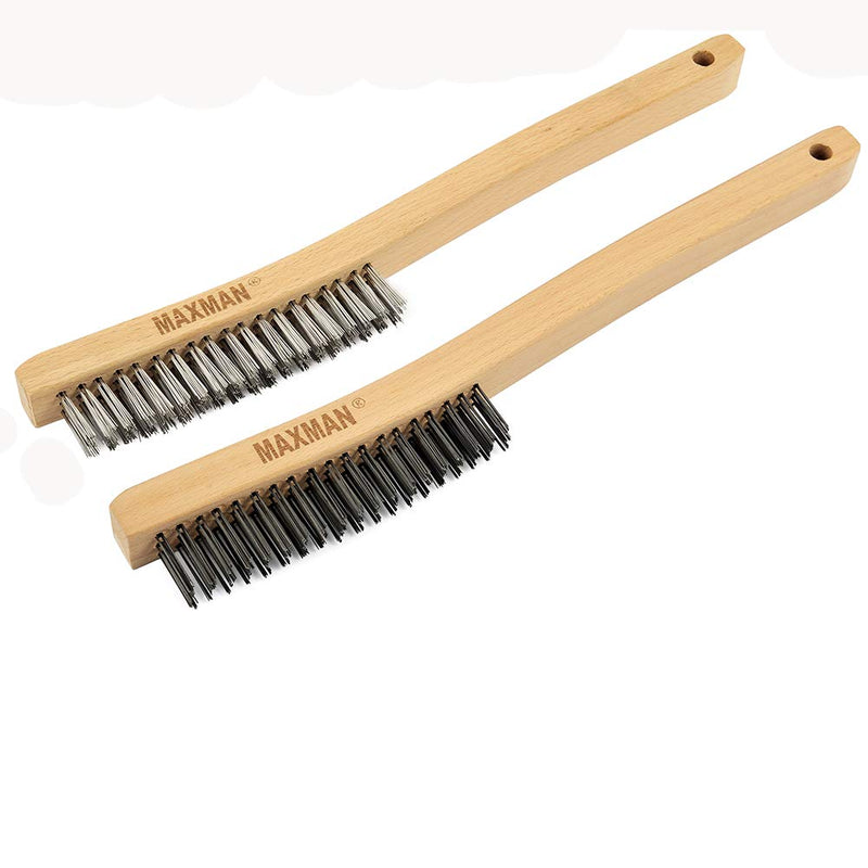 [Australia - AusPower] - Wire Brush Set,Heavy Duty Carbon Steel and Stainless Steel Wire Scratch Brush for Cleaning Rust with 14" Long Curved Beechwood Handle,2 Pieces,Large Black and silver 