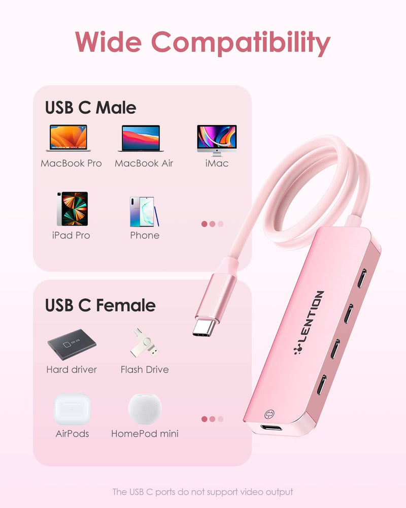 [Australia - AusPower] - LENTION USB C Hub, 2FT Long Cable USB C Hub Multiport Adapter, USB C Splitter, USBC hub, USB Type C Hub, USB C to USB C Hub with 4 USBC Port&Type C Power Supply Port for MacBook Pro/Mac Air/iMac, More Rose Gold 