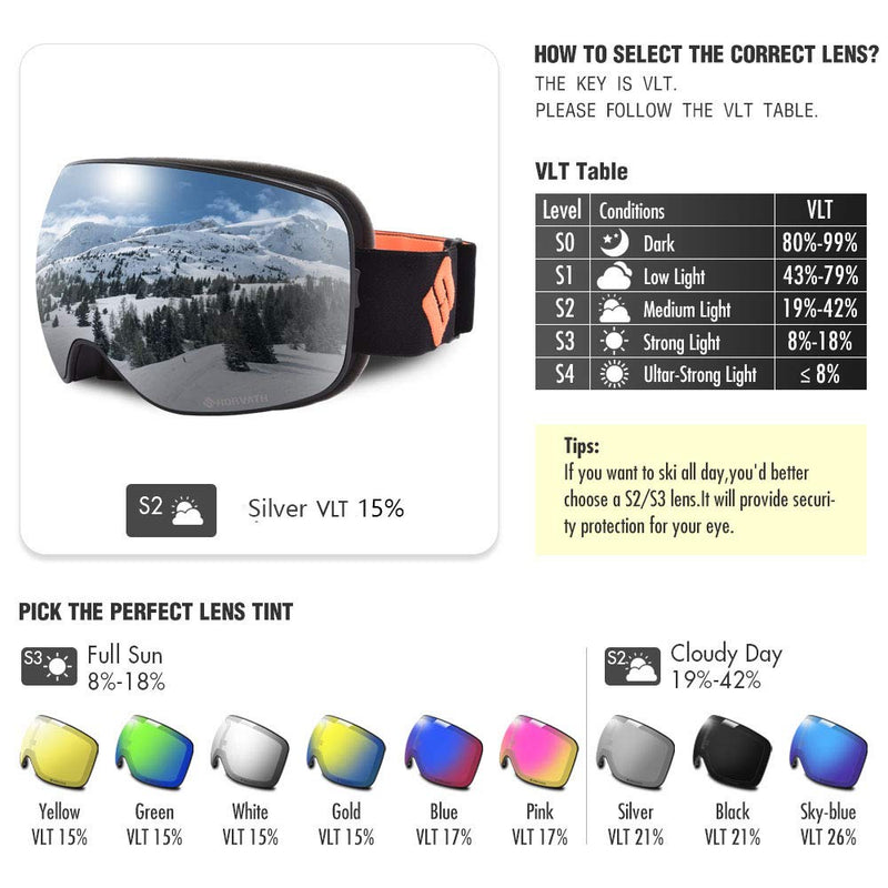 [Australia - AusPower] - SH HORVATH Ski Snowboard Goggles Magnetic Mirrored Lens 120s Anti-Fog for Adult Black and Orange VLT15% Silver 